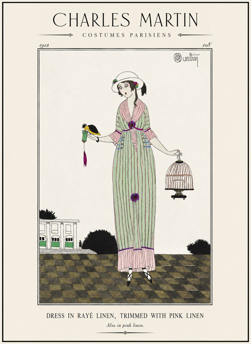 Charles Martin Dress in Rayé Linen, Trimmed with Pink Linen No1 - Plakát