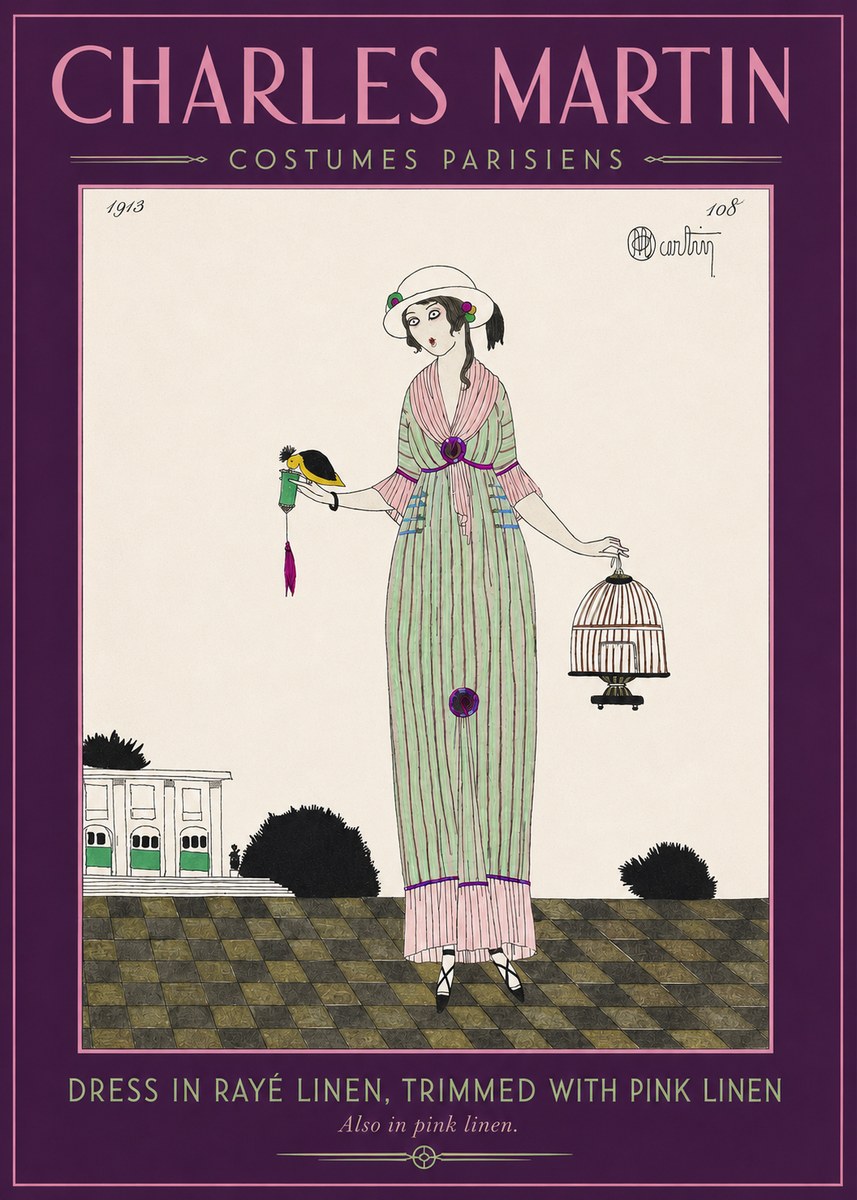 Charles Martin Dress in Rayé Linen, Trimmed with Pink Linen No2 - Plakát