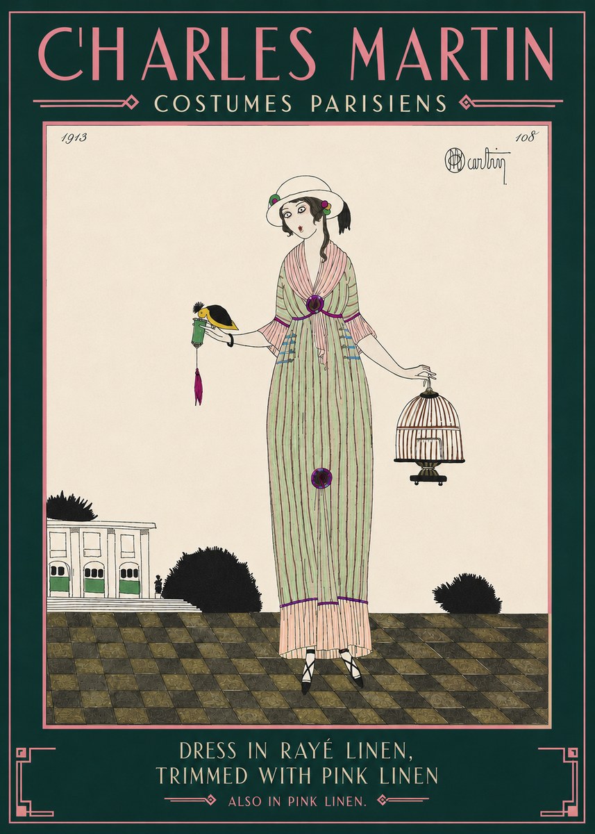 Charles Martin Dress in Rayé Linen, Trimmed with Pink Linen No4 - Plakát