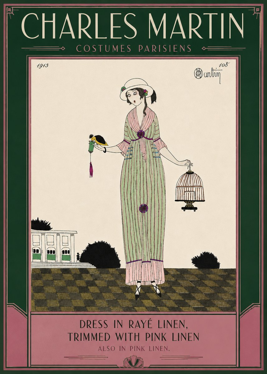 Charles Martin Dress in Rayé Linen, Trimmed with Pink Linen No6 - Plakát