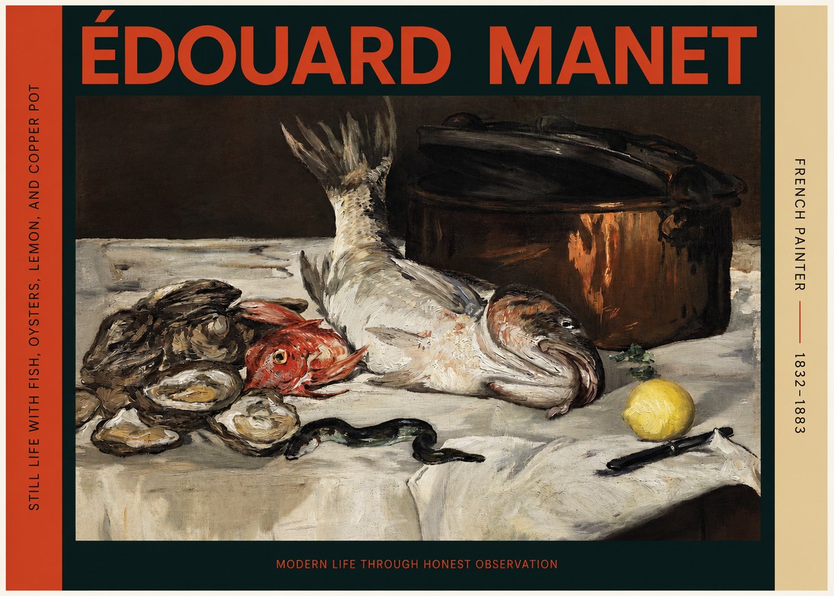 Édouard Manet Still Life with Fish, Oysters, Lemon, and Copper Pot No2 - Plakát