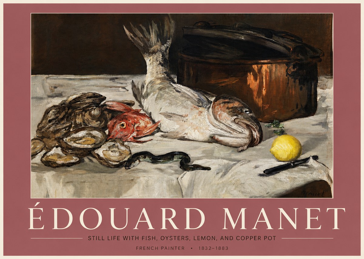 Édouard Manet Still Life with Fish, Oysters, Lemon, and Copper Pot No3 - Plakát
