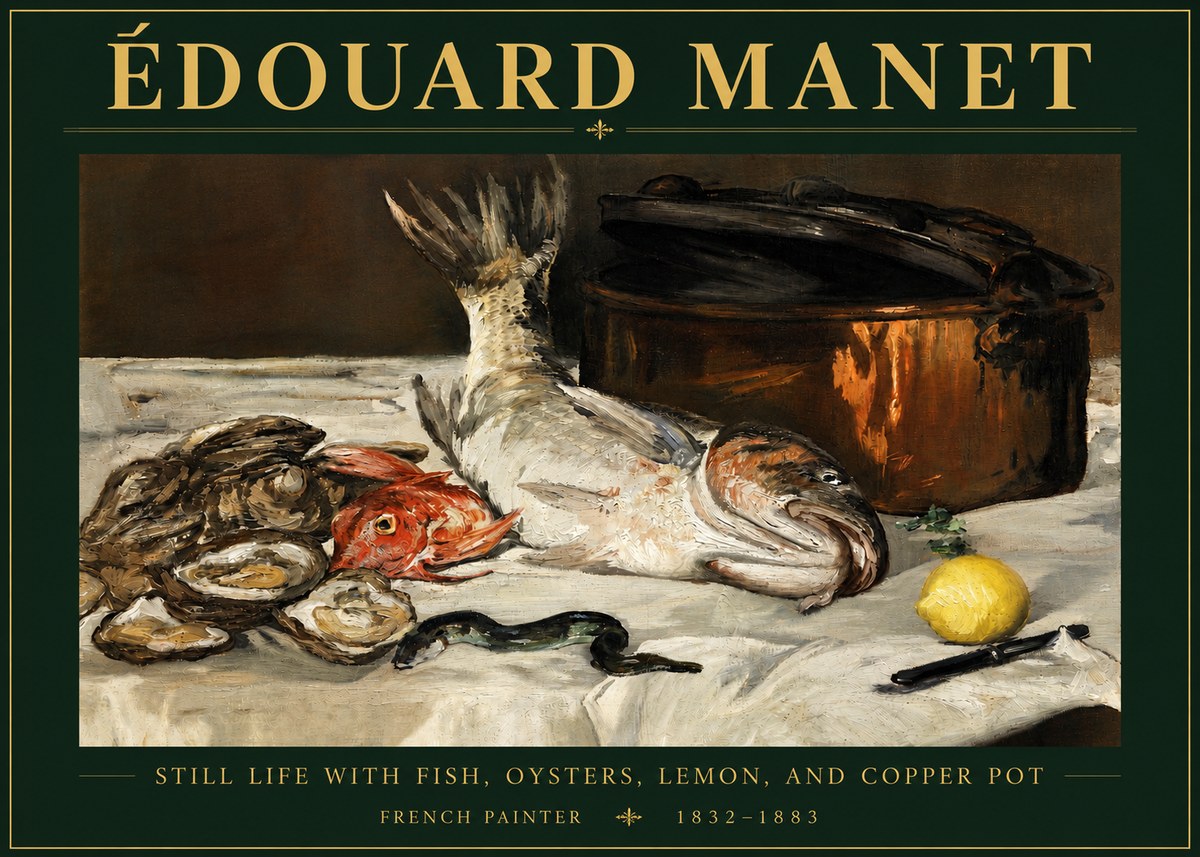 Édouard Manet Still Life with Fish, Oysters, Lemon, and Copper Pot No4 - Plakát