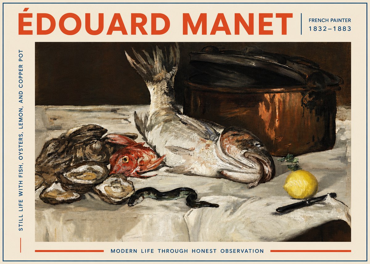 Édouard Manet Still Life with Fish, Oysters, Lemon, and Copper Pot No5 - Plakát