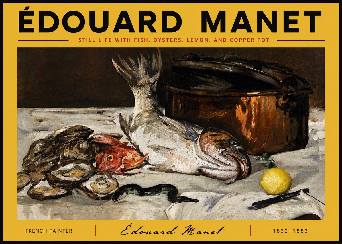 Édouard Manet Still Life with Fish, Oysters, Lemon, and Copper Pot No6 - Plakát