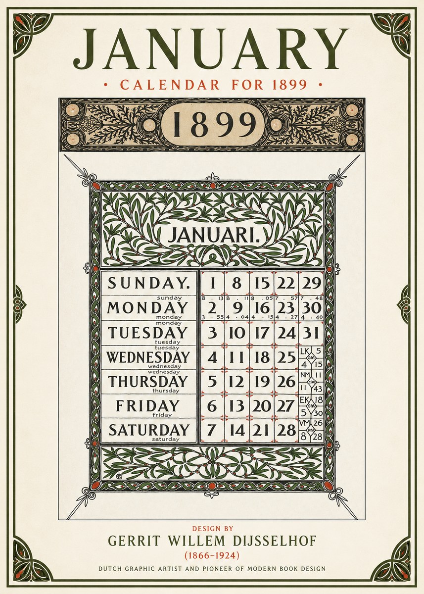 Gerrit Willem Dijsselhof January. Calendar for 1899. No1 - Plakát