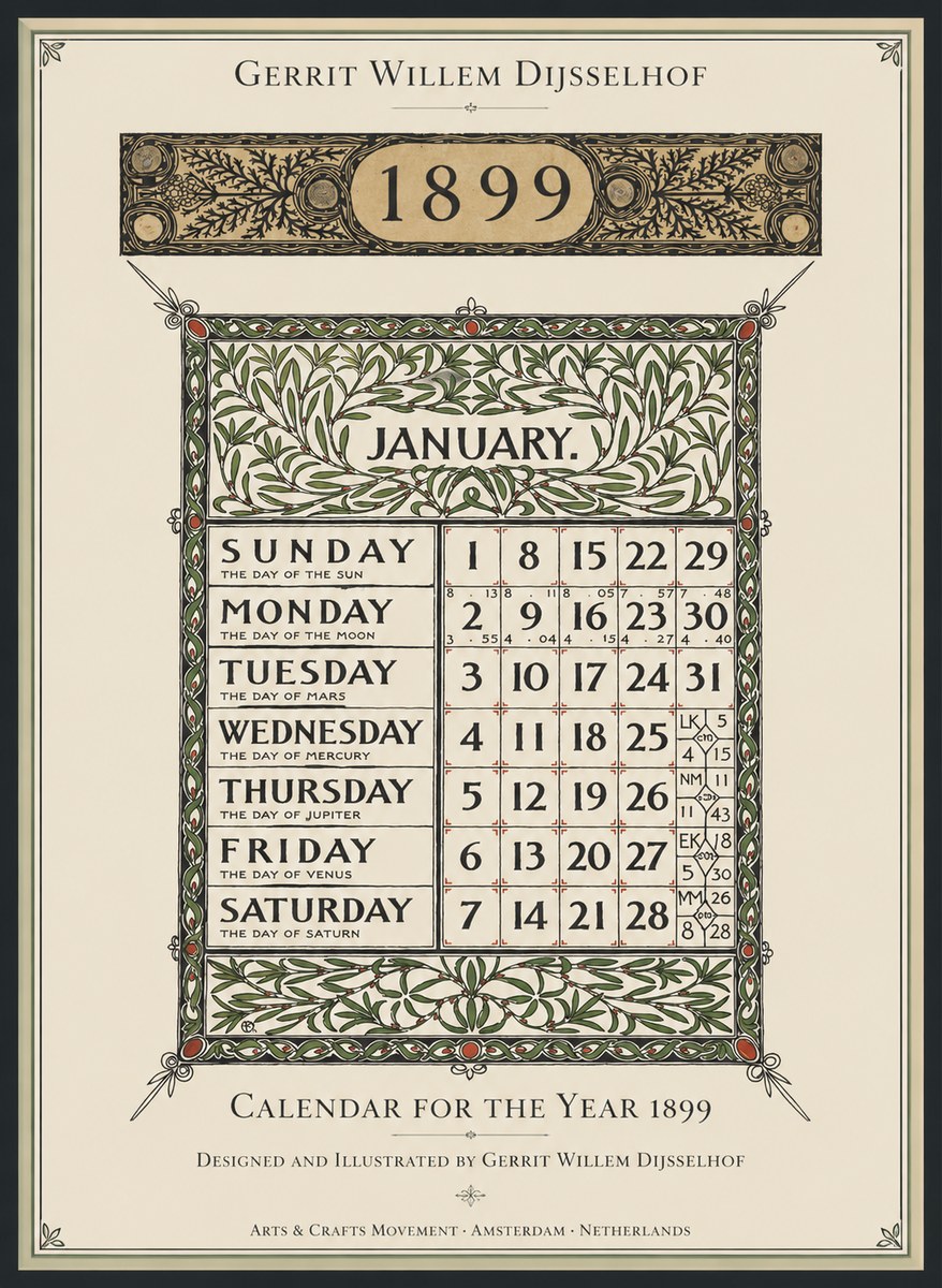 Gerrit Willem Dijsselhof January. Calendar for 1899. No2 - Plakát