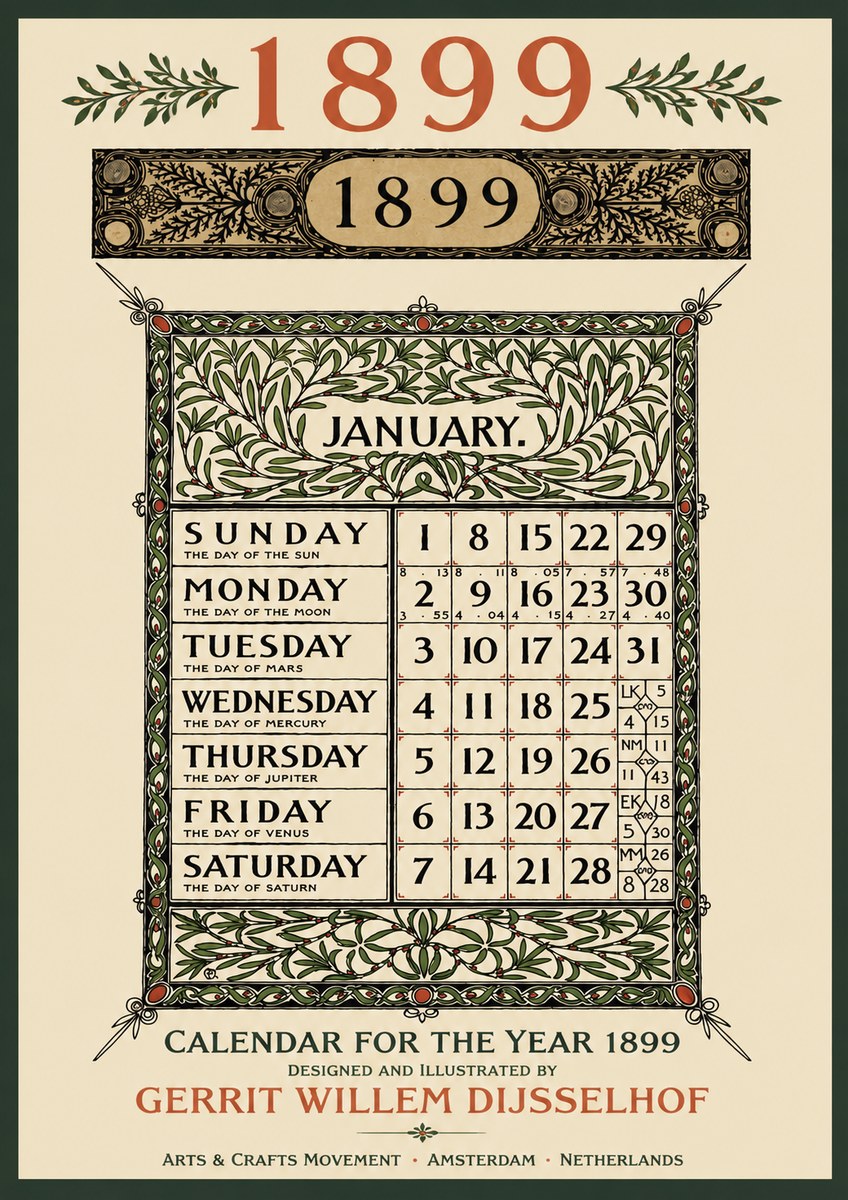 Gerrit Willem Dijsselhof January. Calendar for 1899. No3 - Plakát