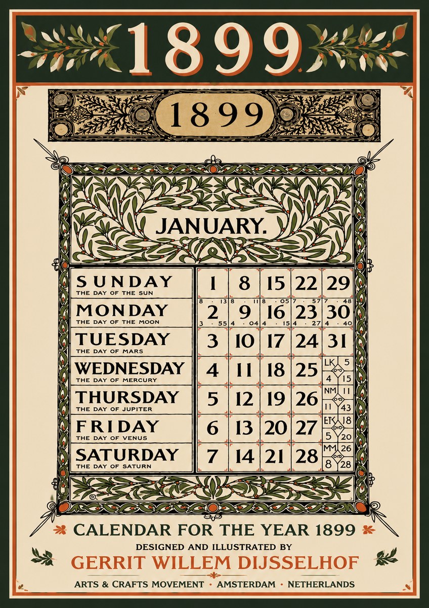Gerrit Willem Dijsselhof January. Calendar for 1899. No5 - Plakát