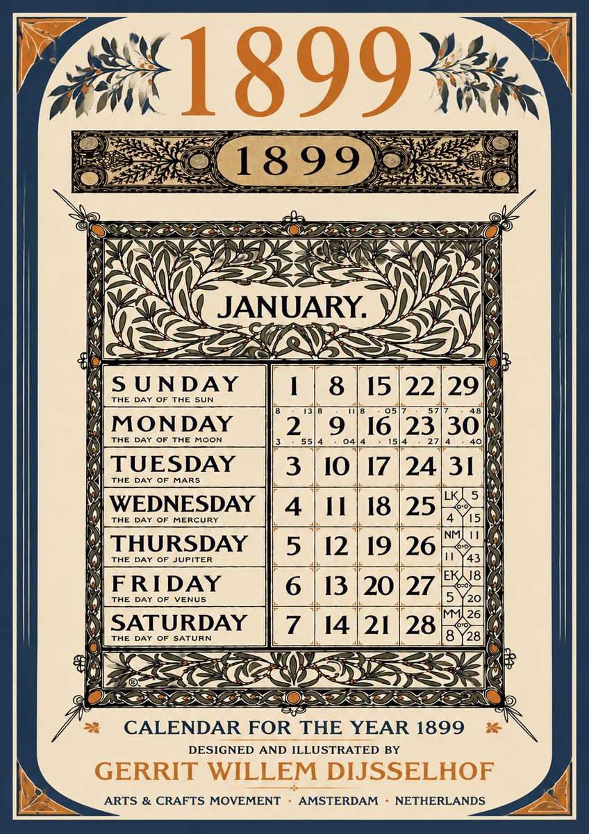 Gerrit Willem Dijsselhof January. Calendar for 1899. No6 - Plakát