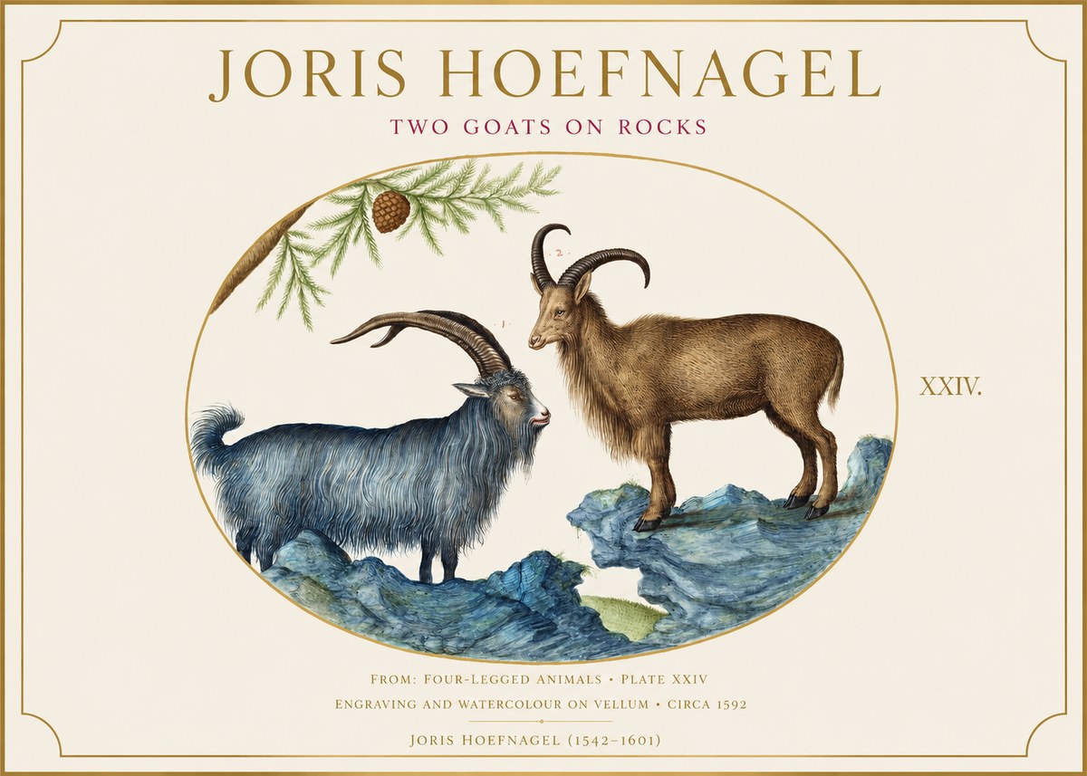 Joris Hoefnagel Two Mountain Goats from the Series Quadrupeds No6 - Plakát
