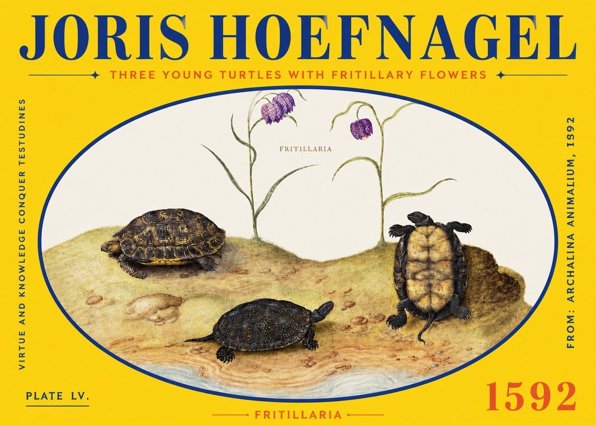 Joris Hoefnagel Three Young Turtles with Fritillary Flowers No2 - Plakát