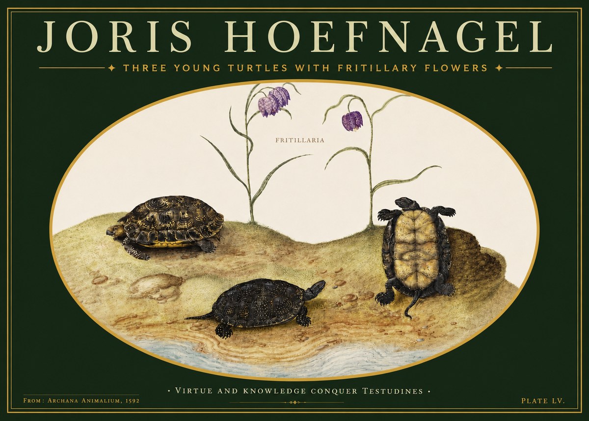 Joris Hoefnagel Three Young Turtles with Fritillary Flowers No3 - Plakát