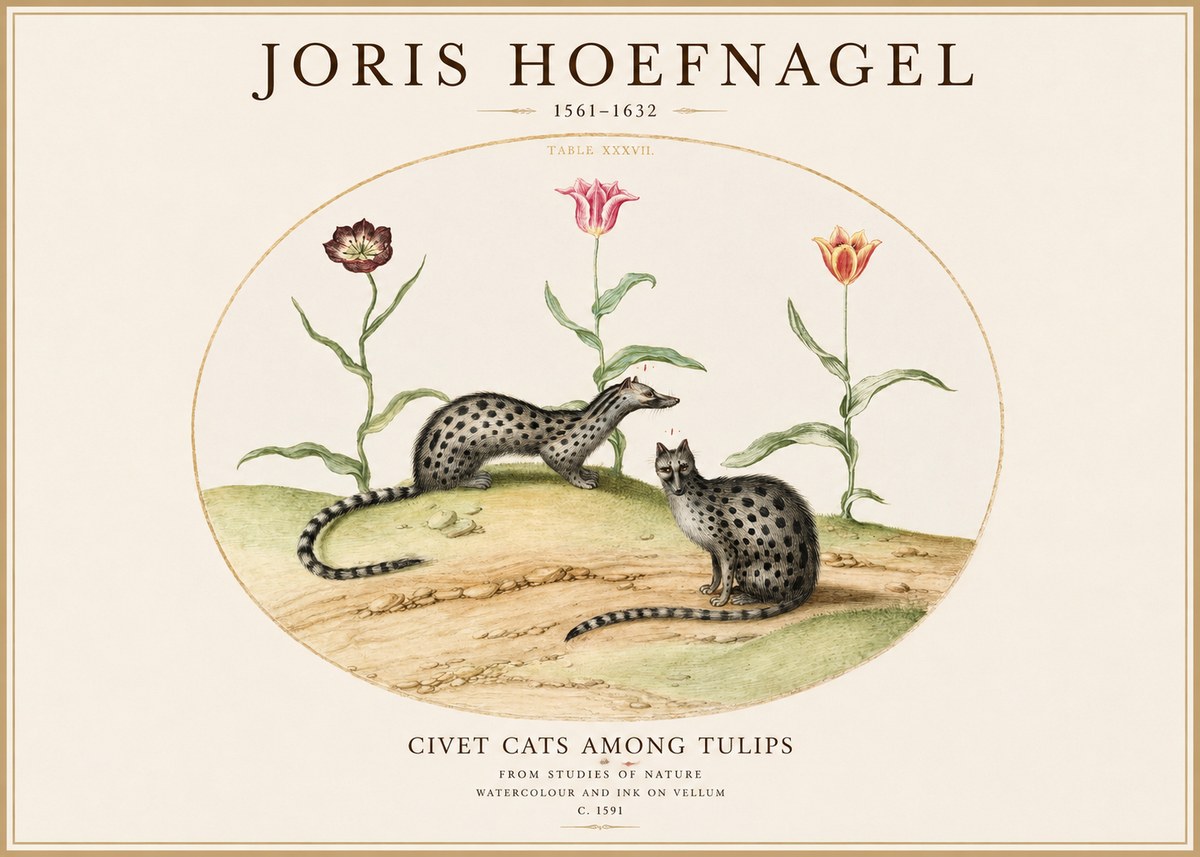 Joris Hoefnagel Civet Cats Among Tulips No1 - Plakát