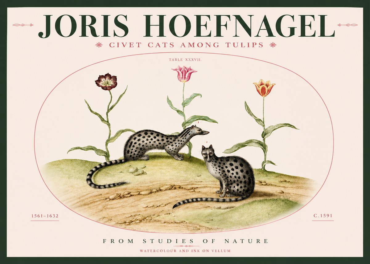 Joris Hoefnagel Civet Cats Among Tulips No3 - Plakát