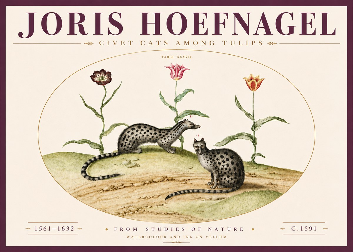 Joris Hoefnagel Civet Cats Among Tulips No4 - Plakát