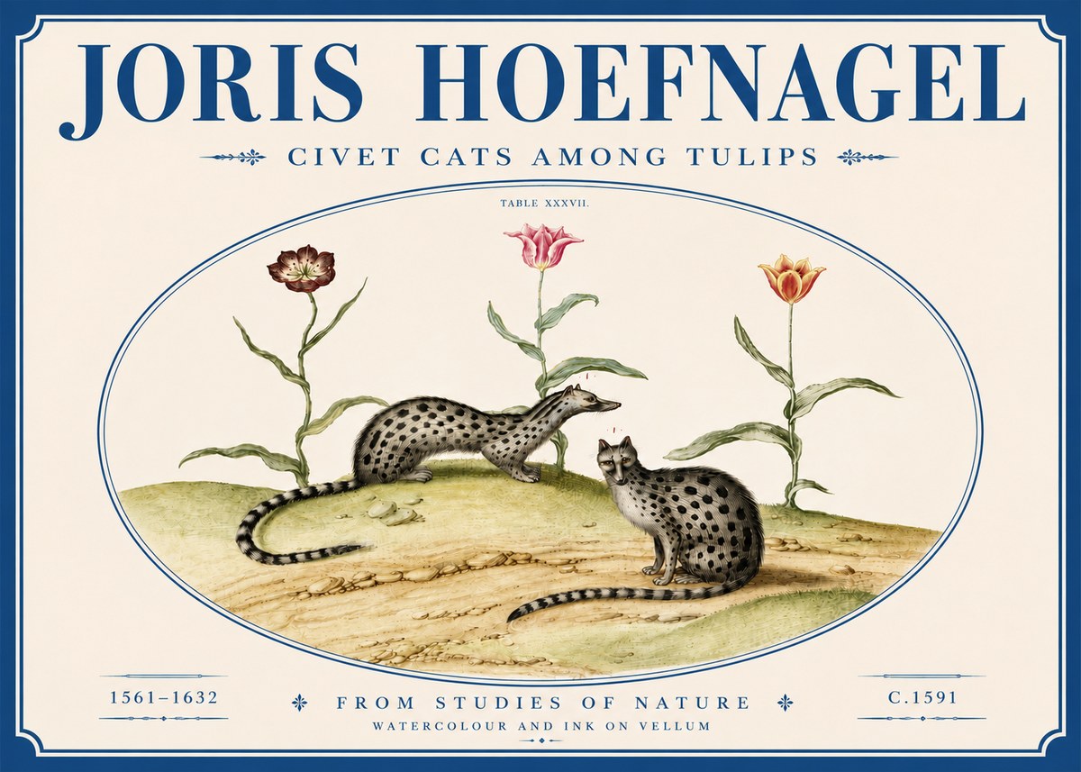 Joris Hoefnagel Civet Cats Among Tulips No6 - Plakát