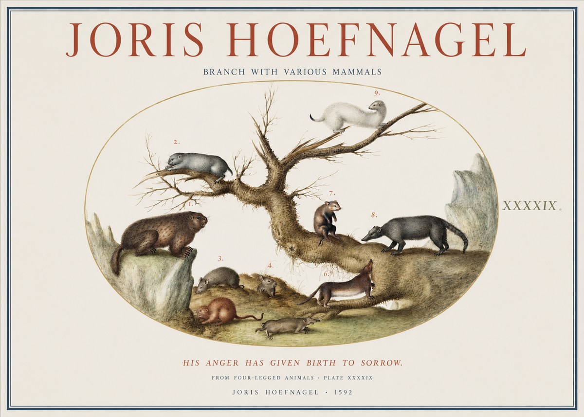 Joris Hoefnagel Branch with Various Mammals No1 - Plakát