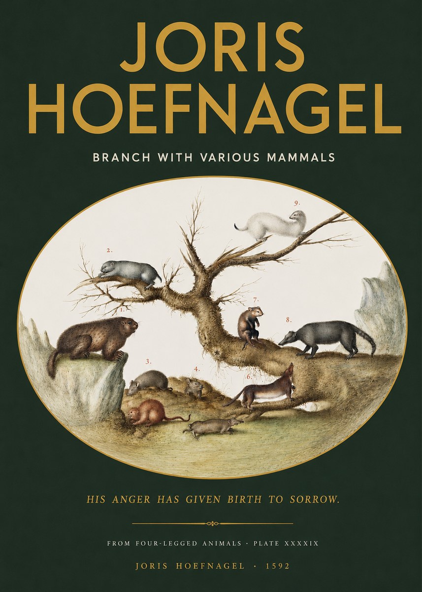 Joris Hoefnagel Branch with Various Mammals No2 - Plakát