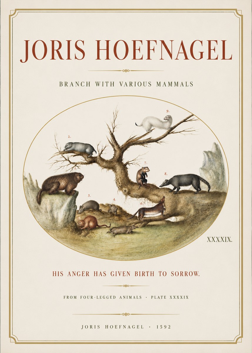 Joris Hoefnagel Branch with Various Mammals No3 - Plakát
