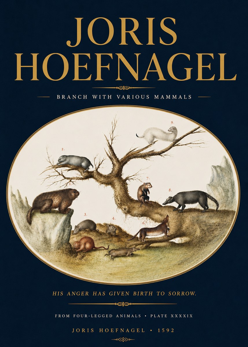 Joris Hoefnagel Branch with Various Mammals No4 - Plakát