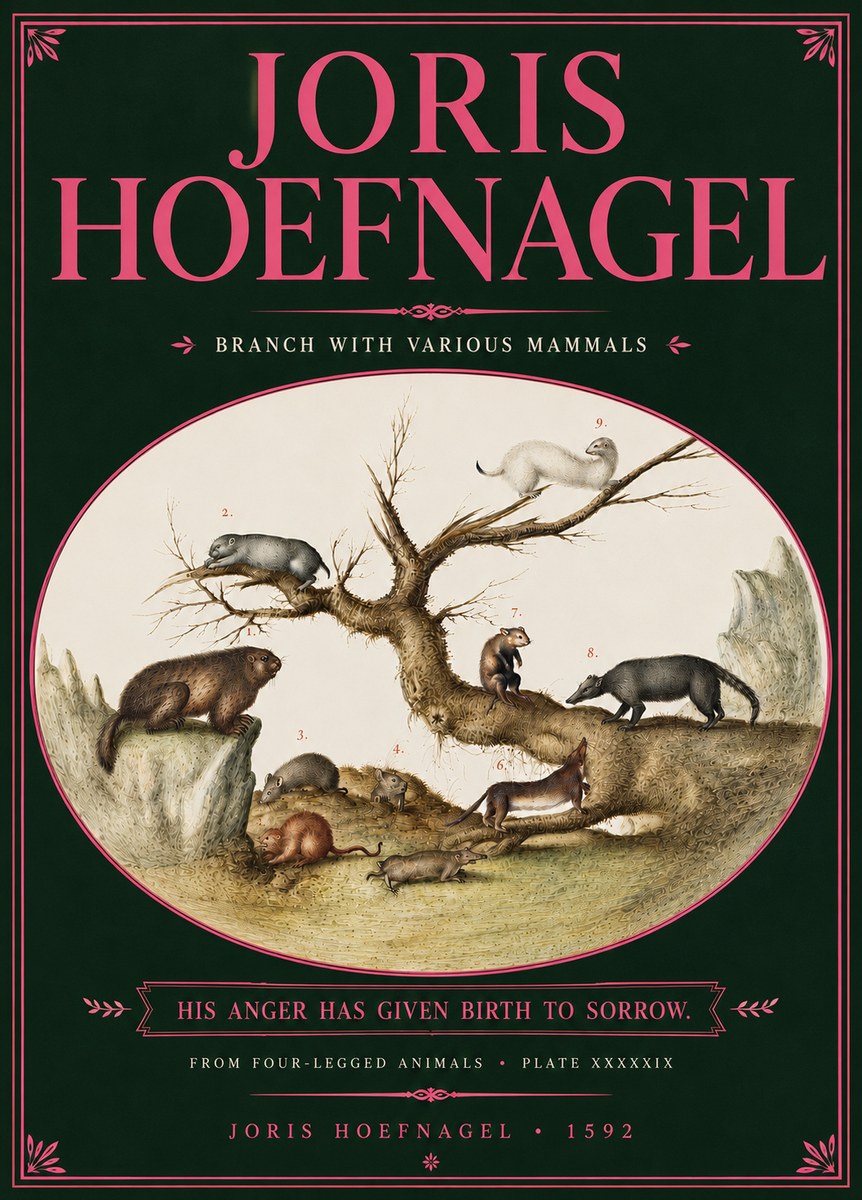 Joris Hoefnagel Branch with Various Mammals No6 - Plakát
