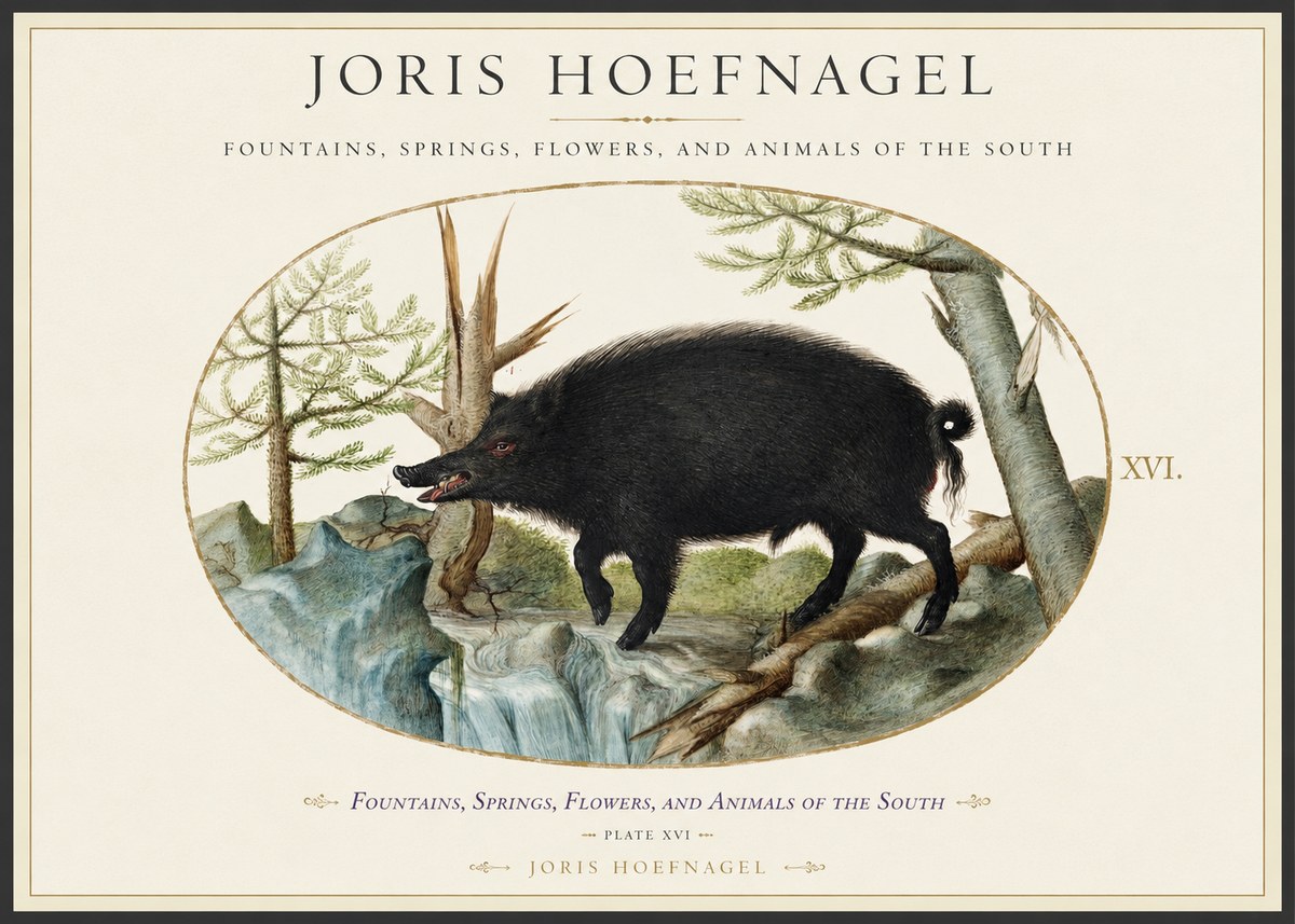 Joris Hoefnagel Fountains, Springs, Flowers, and Animals of the South - Plate Xvi No1 - Plakát