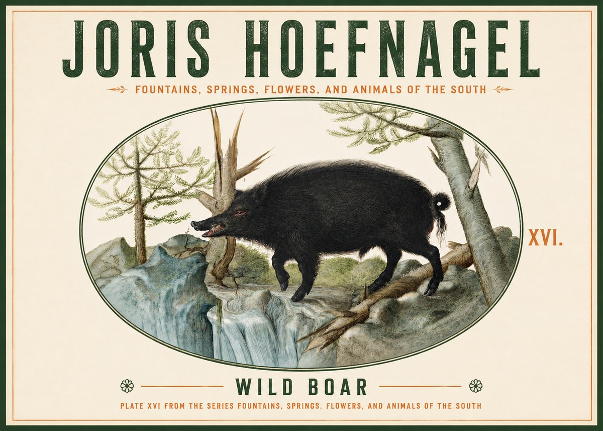 Joris Hoefnagel Fountains, Springs, Flowers, and Animals of the South - Plate Xvi No4 - Plakát
