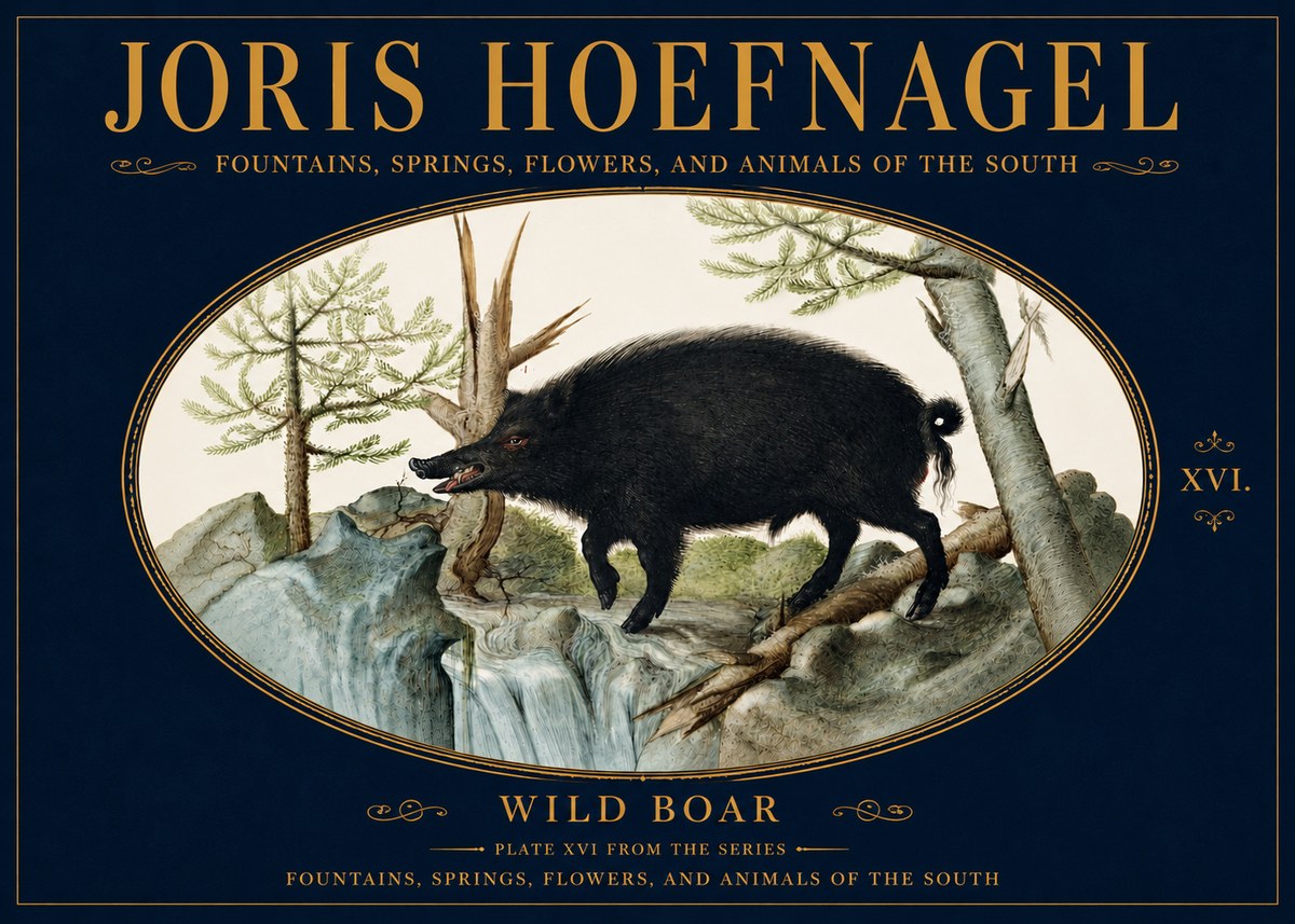 Joris Hoefnagel Fountains, Springs, Flowers, and Animals of the South - Plate Xvi No5 - Plakát