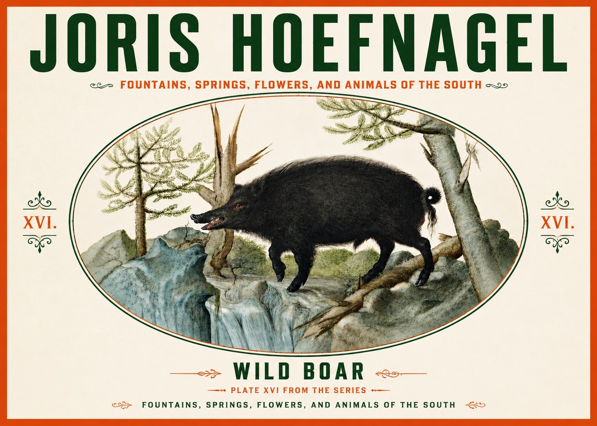 Joris Hoefnagel Fountains, Springs, Flowers, and Animals of the South - Plate Xvi No6 - Plakát
