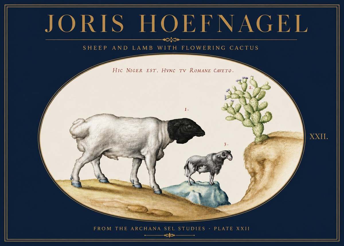 Joris Hoefnagel Sheep and Lamb with Flowering Cactus No3 - Plakát