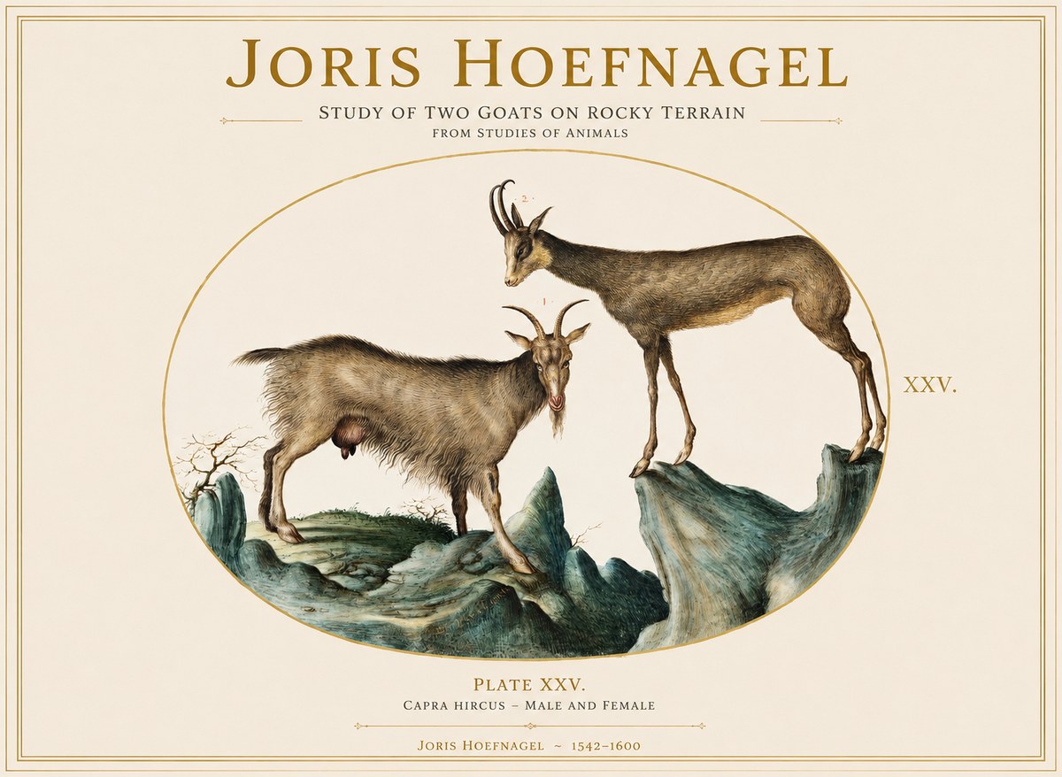 Joris Hoefnagel Study of Two Goats on Rocky Terrain No1 - Plakát