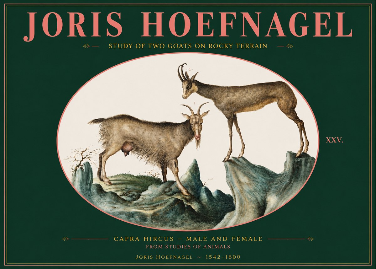 Joris Hoefnagel Study of Two Goats on Rocky Terrain No2 - Plakát