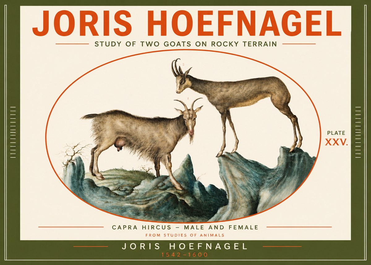 Joris Hoefnagel Study of Two Goats on Rocky Terrain No4 - Plakát