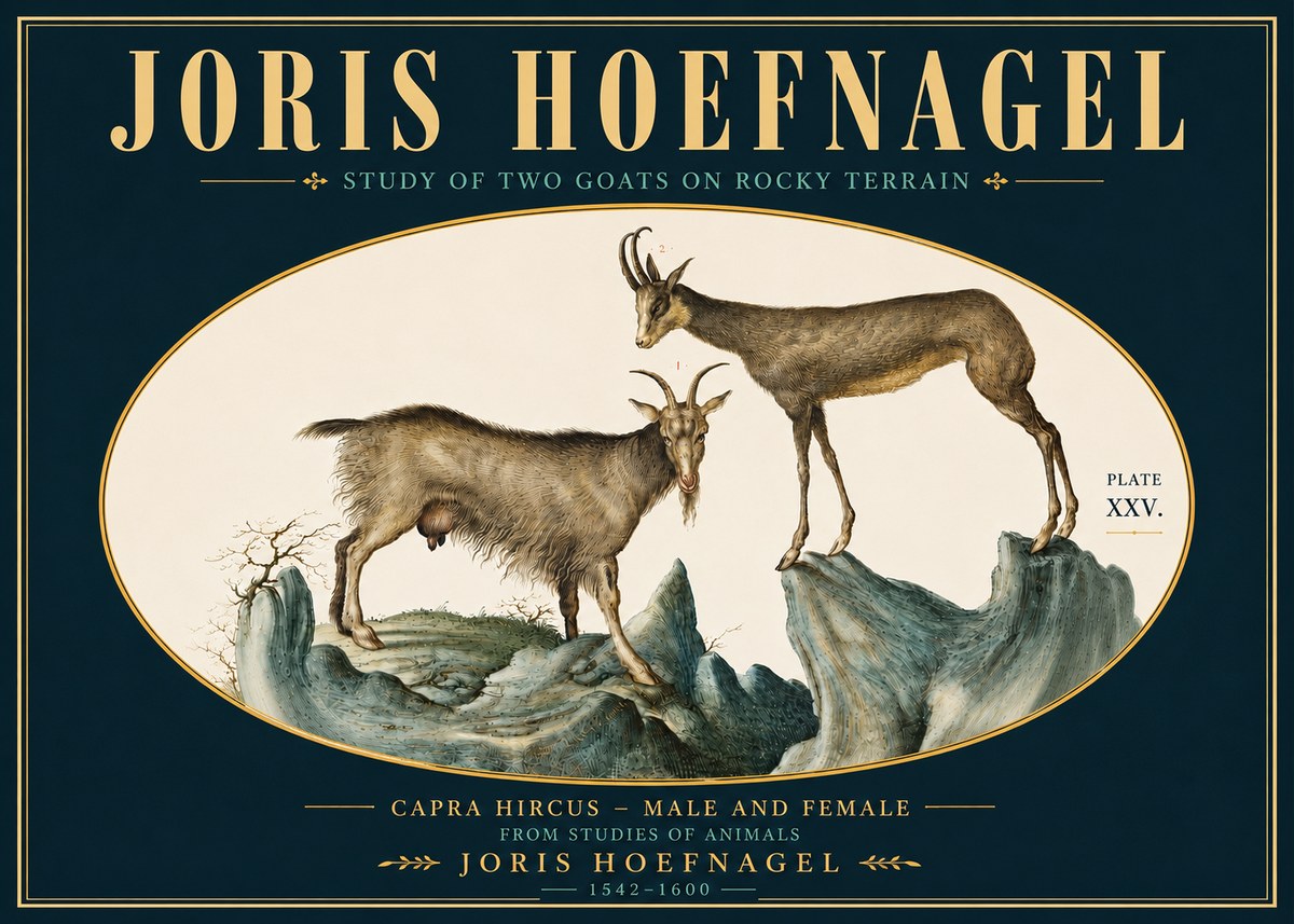 Joris Hoefnagel Study of Two Goats on Rocky Terrain No5 - Plakát