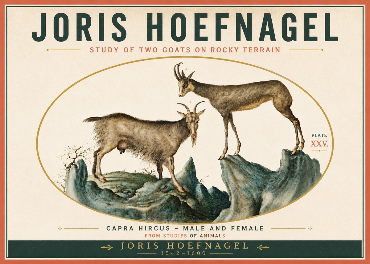 Joris Hoefnagel Study of Two Goats on Rocky Terrain No6 - Plakát