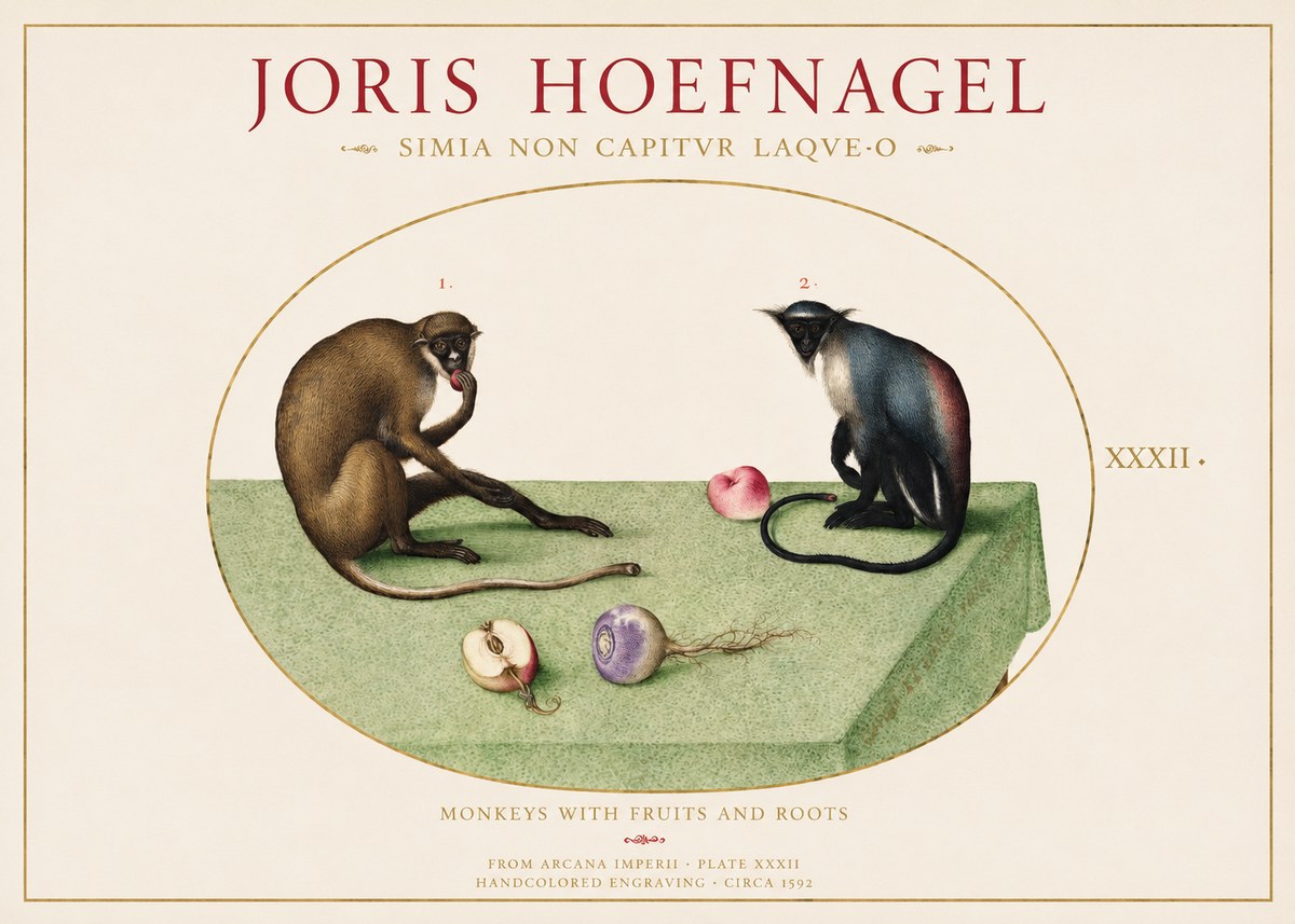 Joris Hoefnagel Monkeys with Fruits and Roots No1 - Plakát