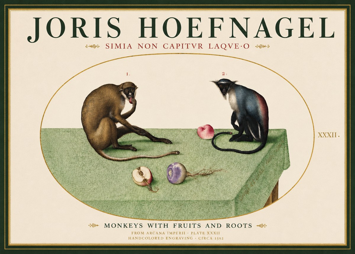 Joris Hoefnagel Monkeys with Fruits and Roots No3 - Plakát