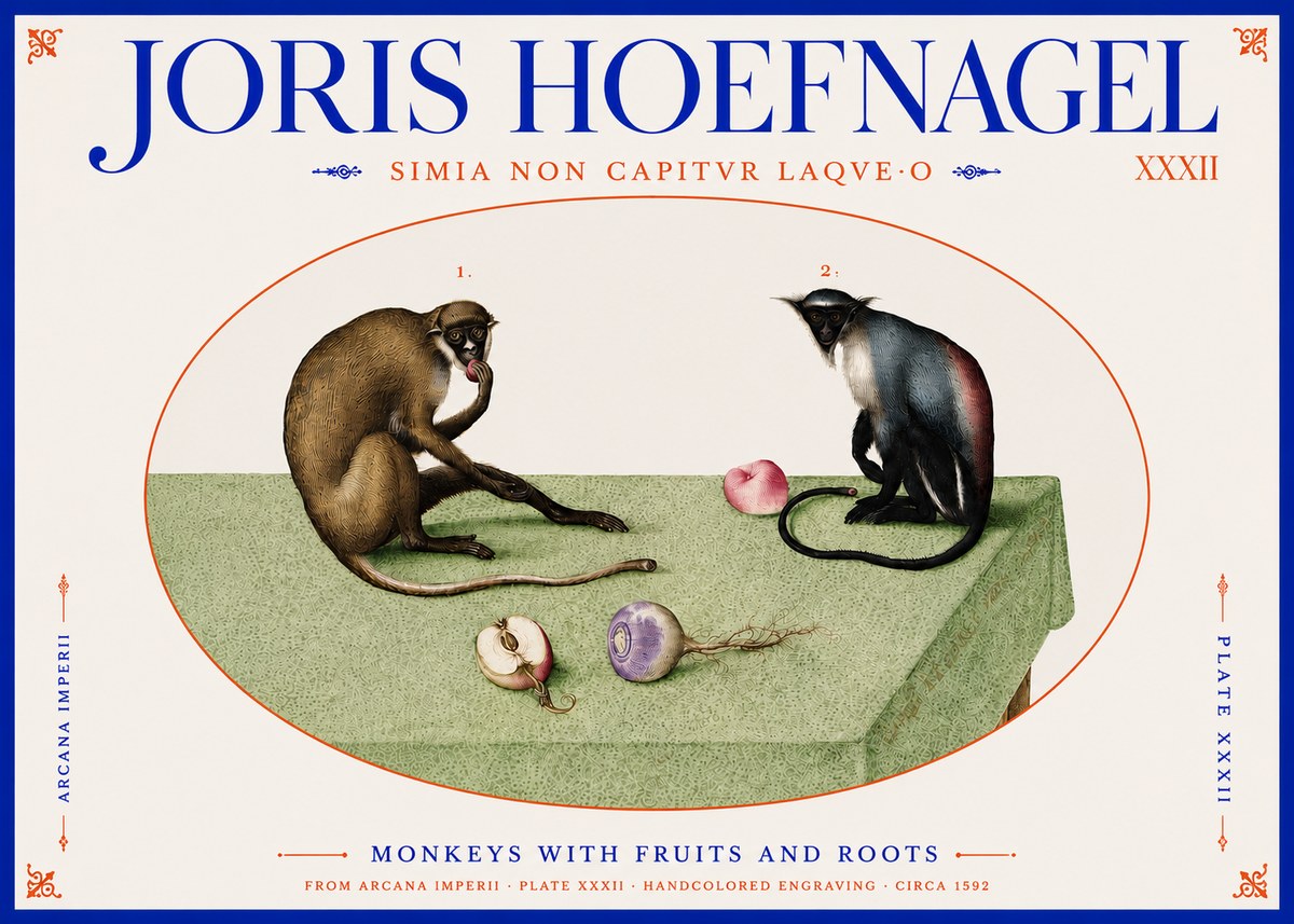 Joris Hoefnagel Monkeys with Fruits and Roots No4 - Plakát