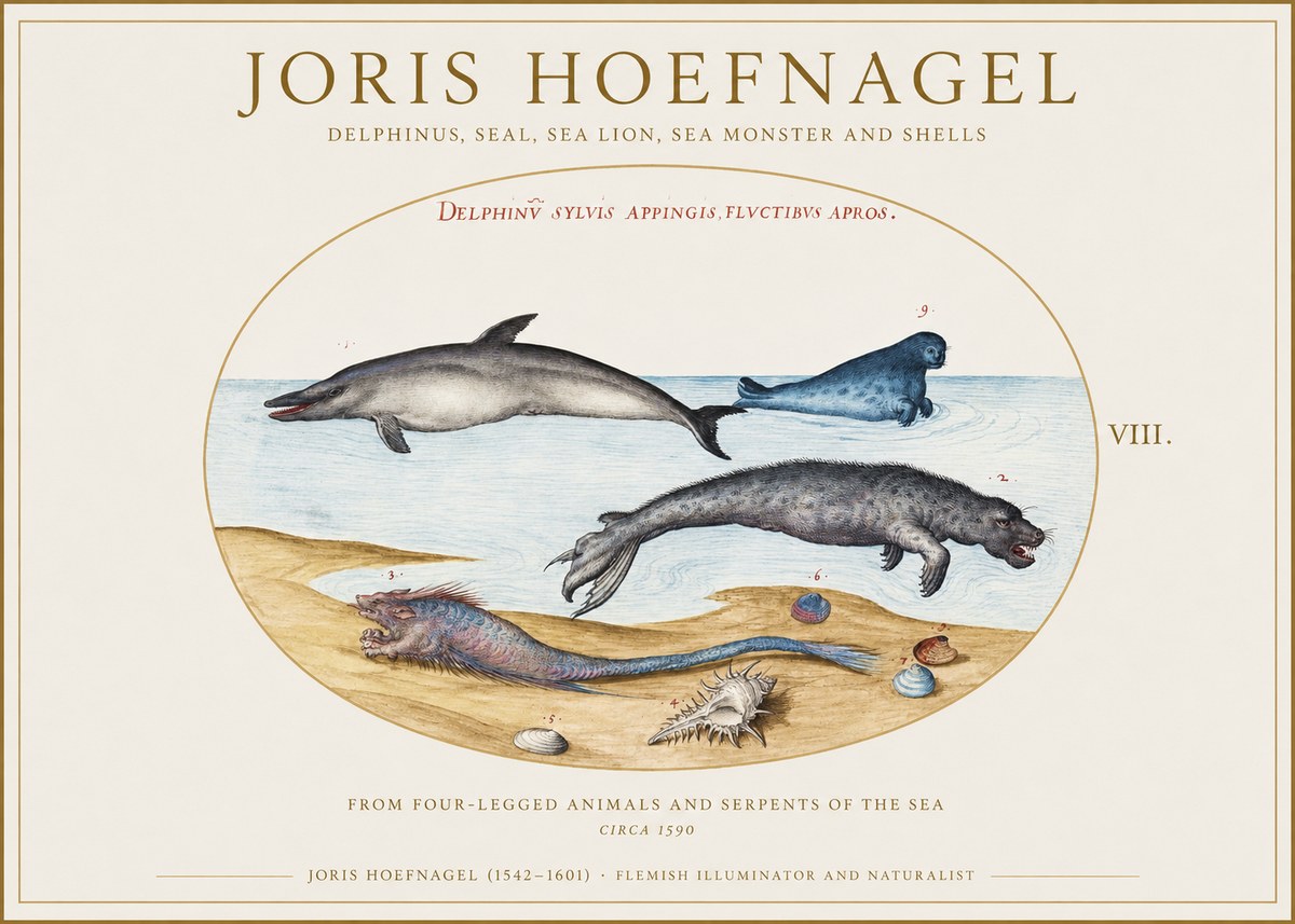 Joris Hoefnagel Delphinus, Seal, Sea Lion, Sea Monster and Shells No1 - Plakát