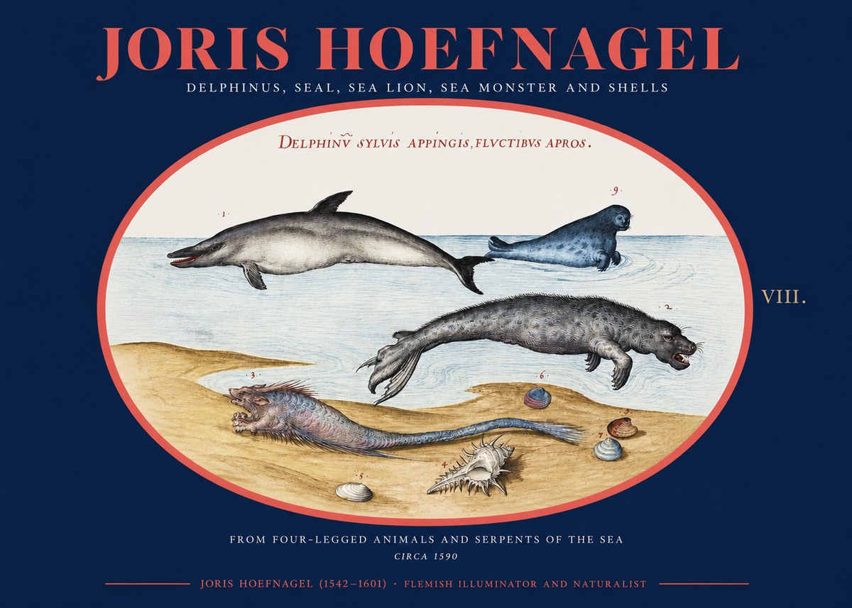 Joris Hoefnagel Delphinus, Seal, Sea Lion, Sea Monster and Shells No2 - Plakát