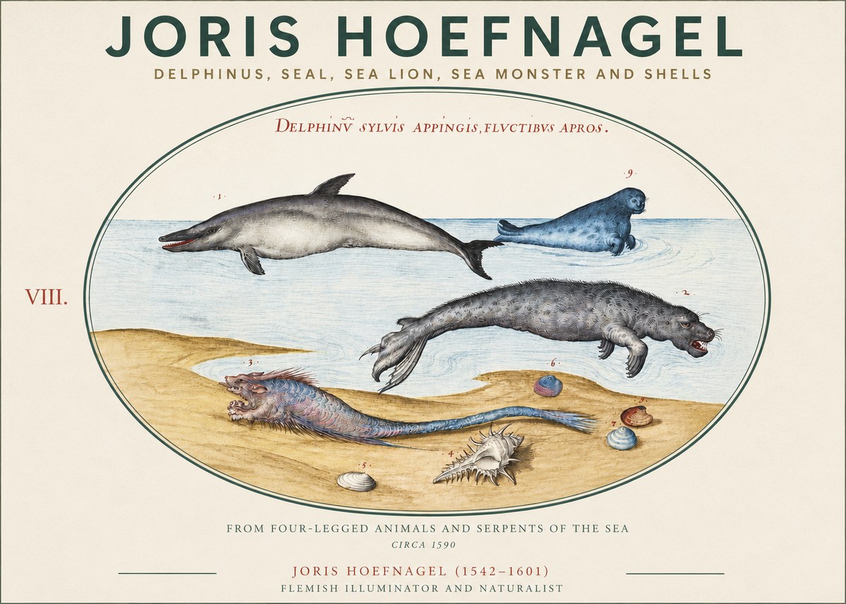 Joris Hoefnagel Delphinus, Seal, Sea Lion, Sea Monster and Shells No3 - Plakát