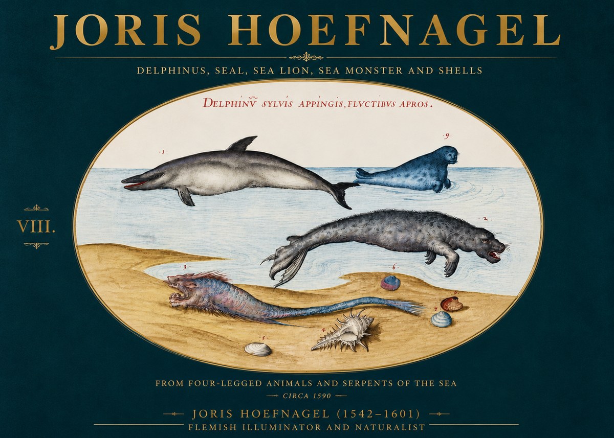 Joris Hoefnagel Delphinus, Seal, Sea Lion, Sea Monster and Shells No4 - Plakát