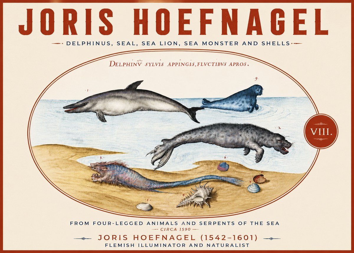 Joris Hoefnagel Delphinus, Seal, Sea Lion, Sea Monster and Shells No5 - Plakát