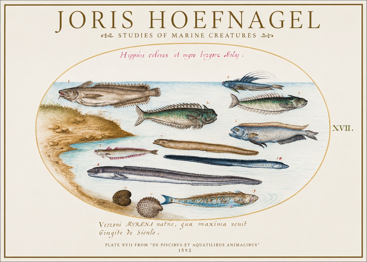 Joris Hoefnagel Plate Xvii from "De Piscibus Et Aquatilibus Animalibus" No1 - Plakát