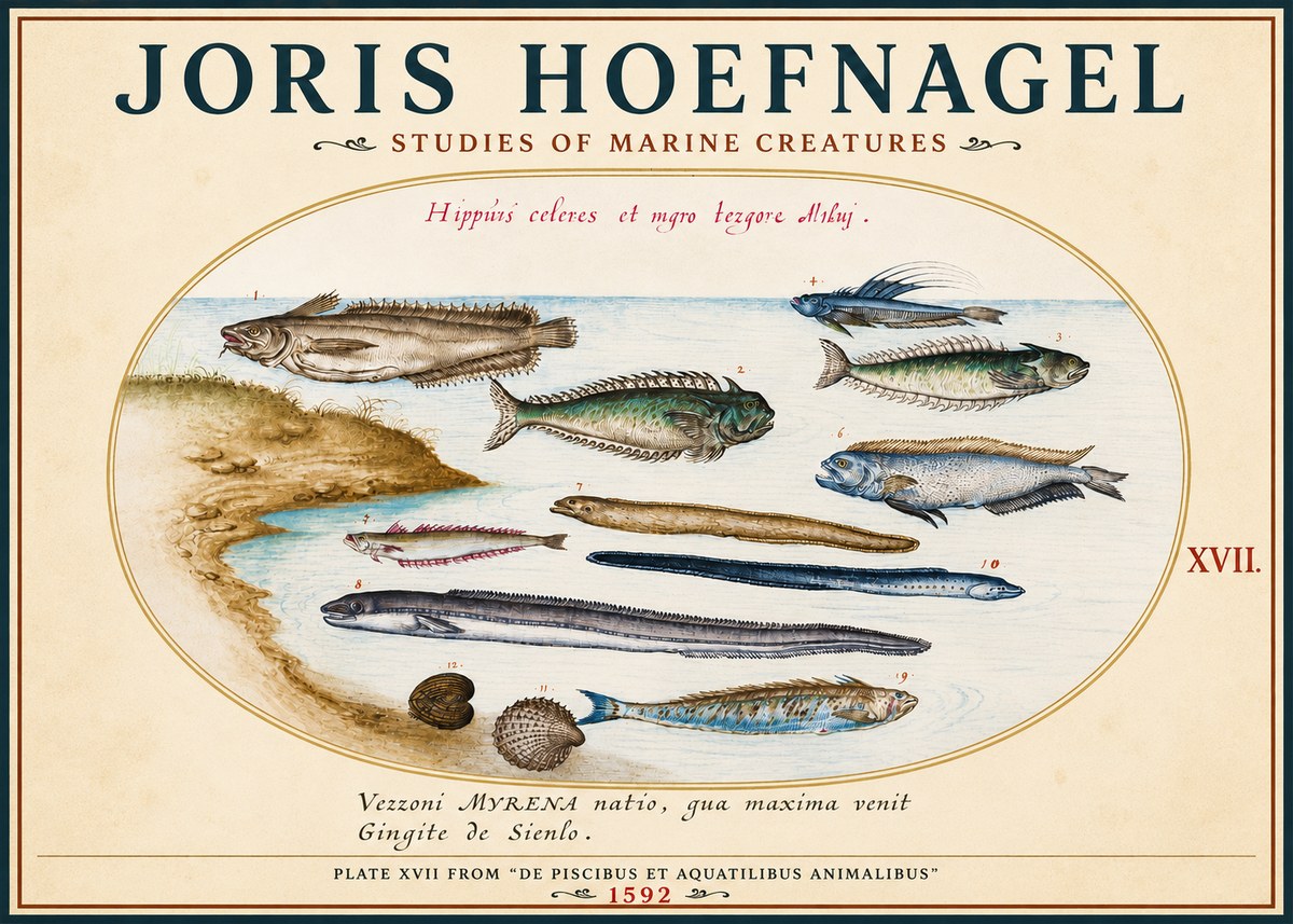 Joris Hoefnagel Plate Xvii from "De Piscibus Et Aquatilibus Animalibus" No3 - Plakát