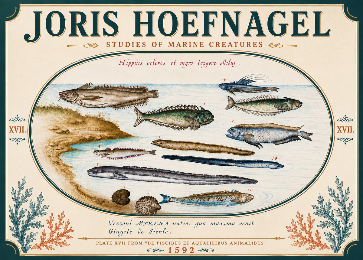 Joris Hoefnagel Plate Xvii from "De Piscibus Et Aquatilibus Animalibus" No6 - Plakát