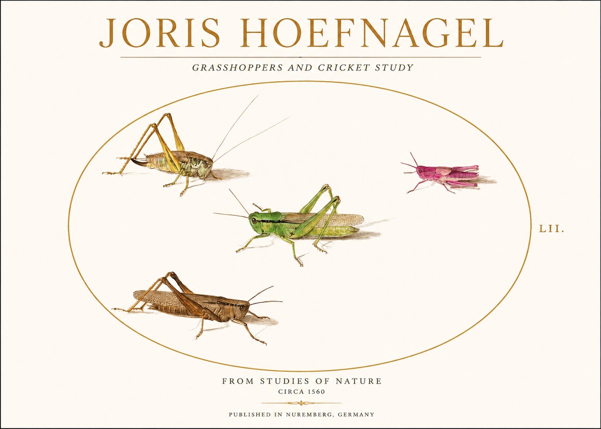 Joris Hoefnagel Three Grasshoppers and a Locust No2 - Plakát