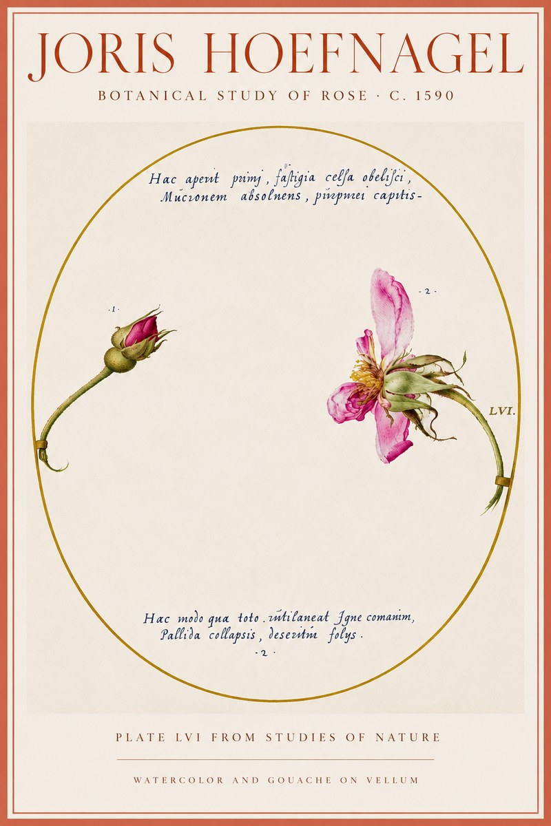 Joris Hoefnagel Botanical Study of Rose No5 - Plakát