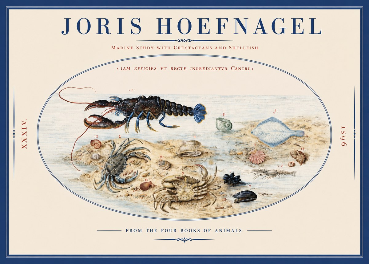 Joris Hoefnagel Marine Study with Crustaceans and Shellfish No2 - Plakát